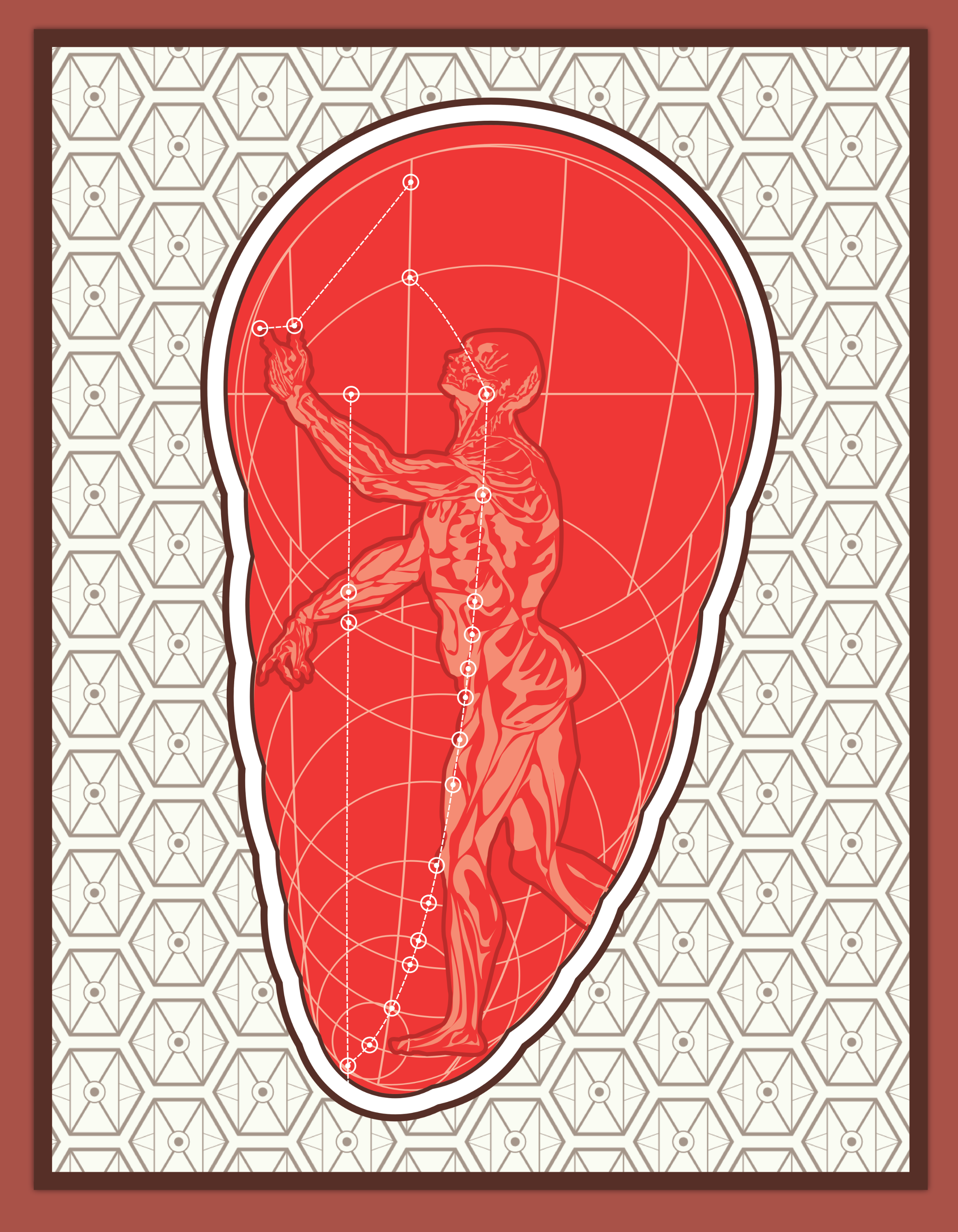 Illustrated poster of an anatomical human figure in profile, rendered in layered shades of red and coral, standing inside an organic red shape outlined in dark brown. White dotted lines and circular nodes trace points across the body like a constellation or mapping system, with geometric arcs layered behind the figure. The background features a repeating hexagonal pattern in muted beige and gray, framed by a dark brown border on a muted red field. The overall aesthetic feels scientific, surreal, and retro-futuristic.